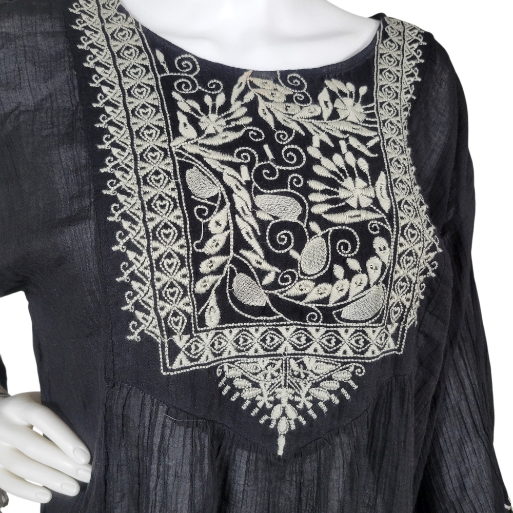 World Market Tunic Top Womens L/XL Black Embroidered Sheer Fairy Boho Indie Folk - Picture 5 of 10